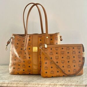 MCM Reversible Liz Medium Canvas Shopper Tote Bag in Cognac